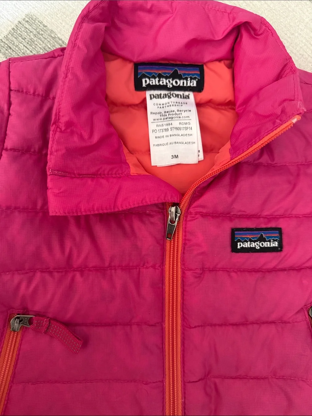Patagonia Kids Bright Pink Quilted Puffer Jacket with Orange Zippers